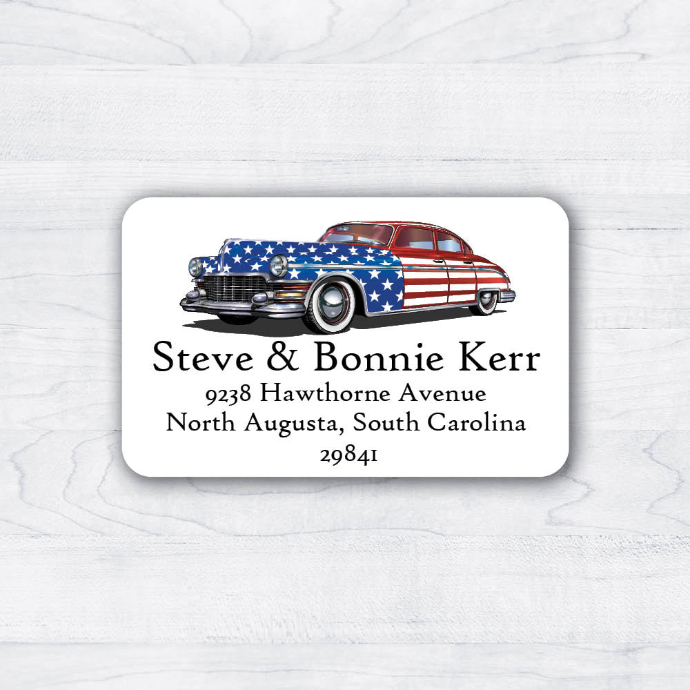 Classic Car return address labels with patriotic colors