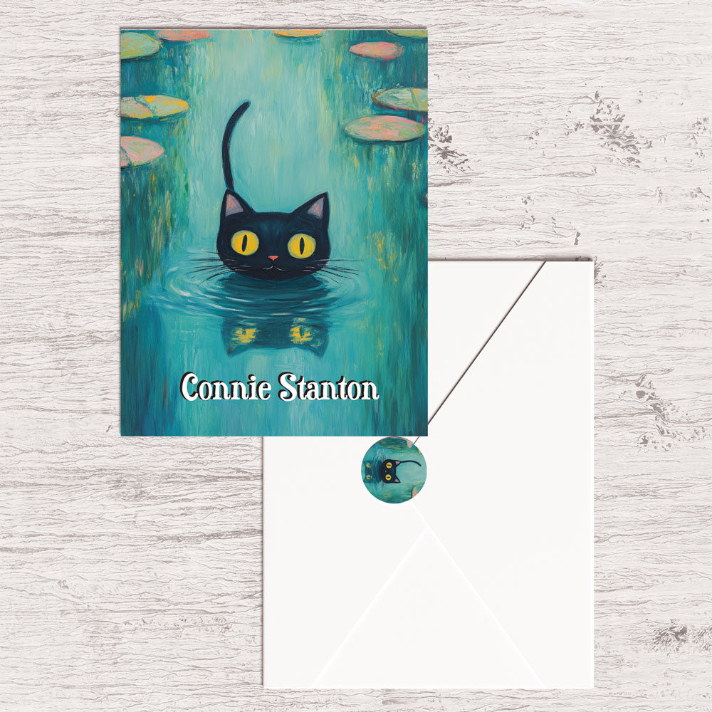 Cat in Water Lillies Personal Notecards with Matching Seal