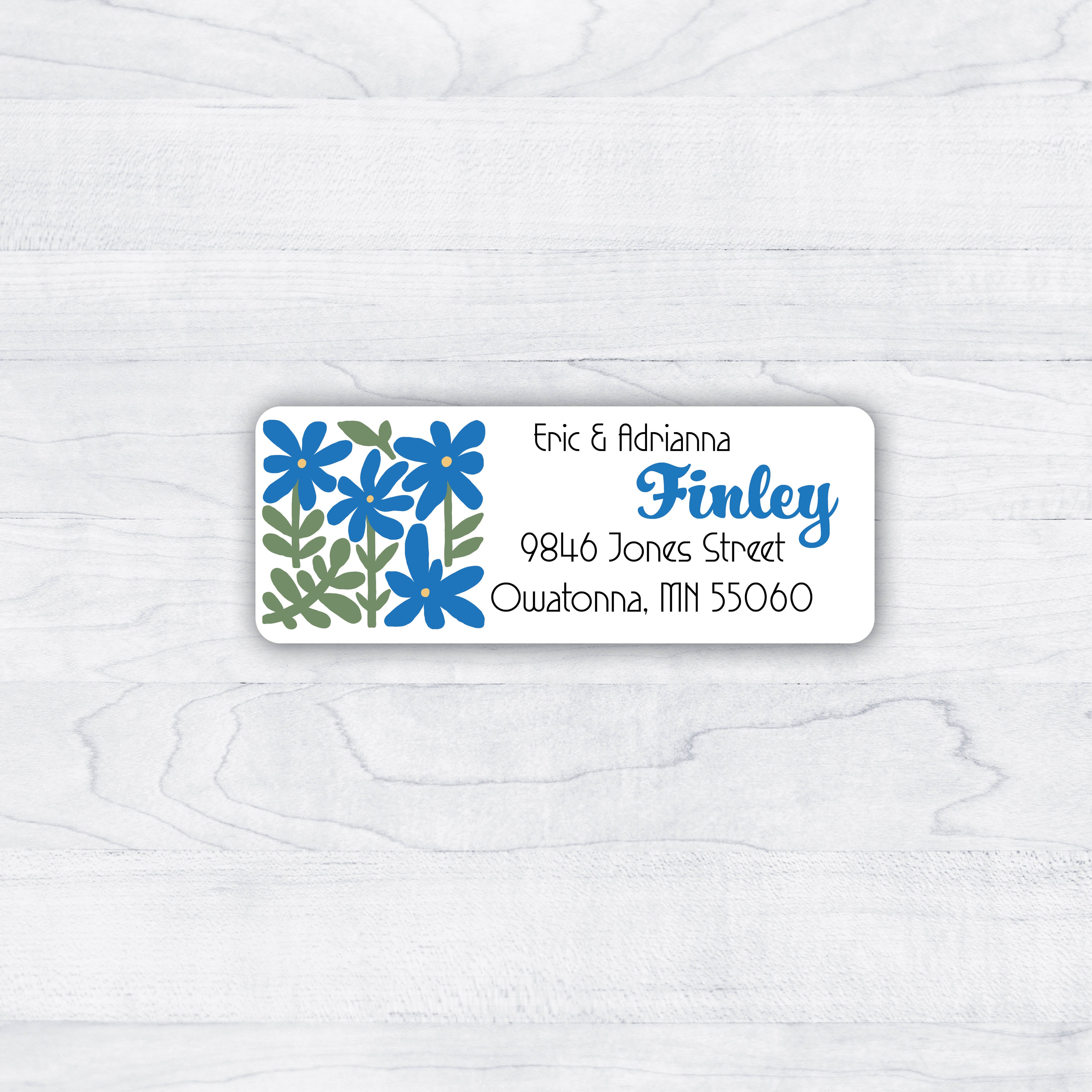 matisse style return address labels blue flowers green stems