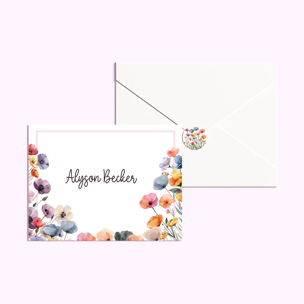 Notecards with matching envelope seals with personalized front panel and colorful poppies
