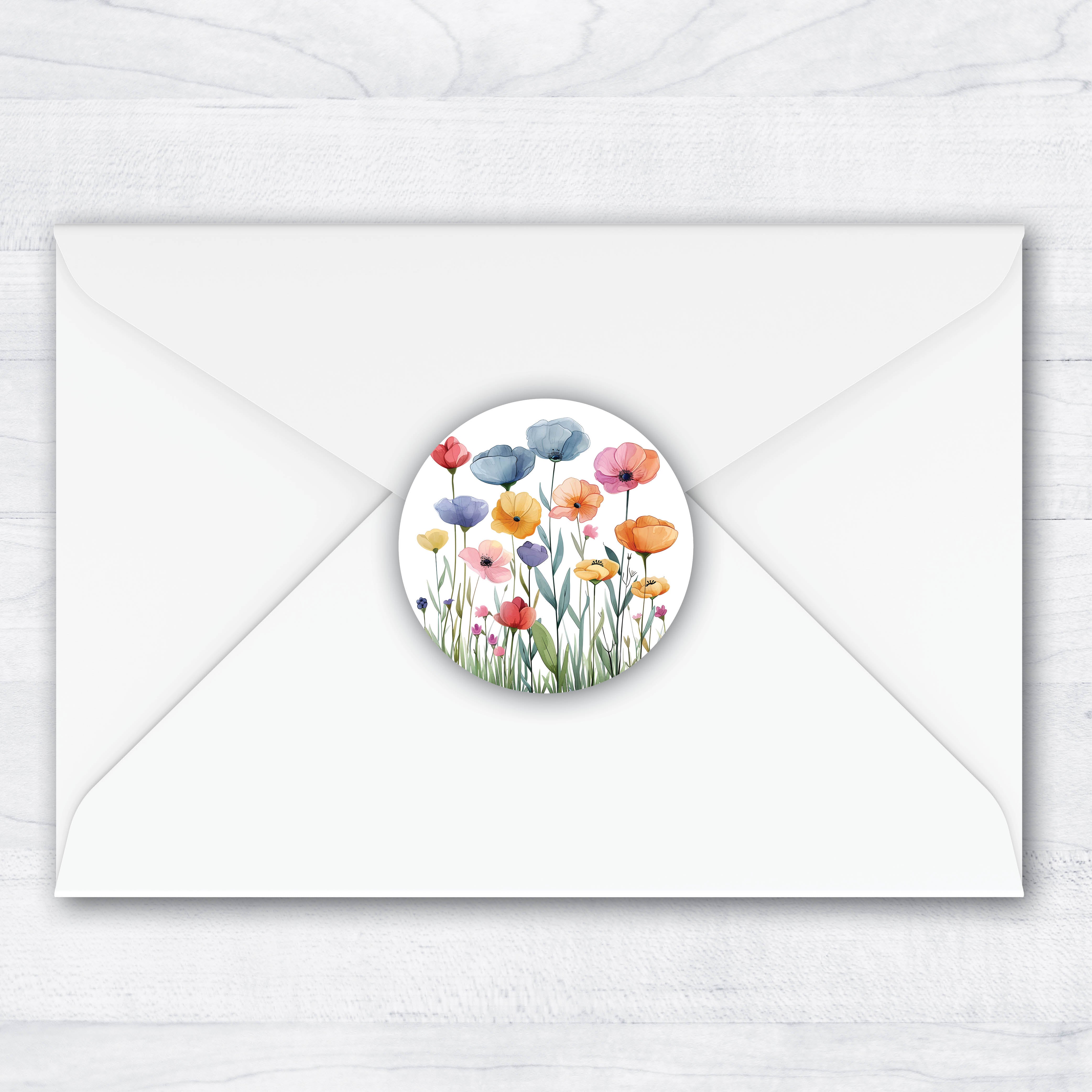1.5 inch envelope seal with tall stalky poppy-like floers in a variety of colors