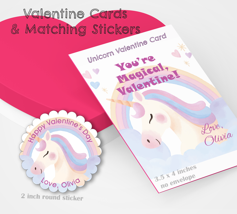 Unicorn Valentines for Kids in School with Matching Stickers (20 per order)