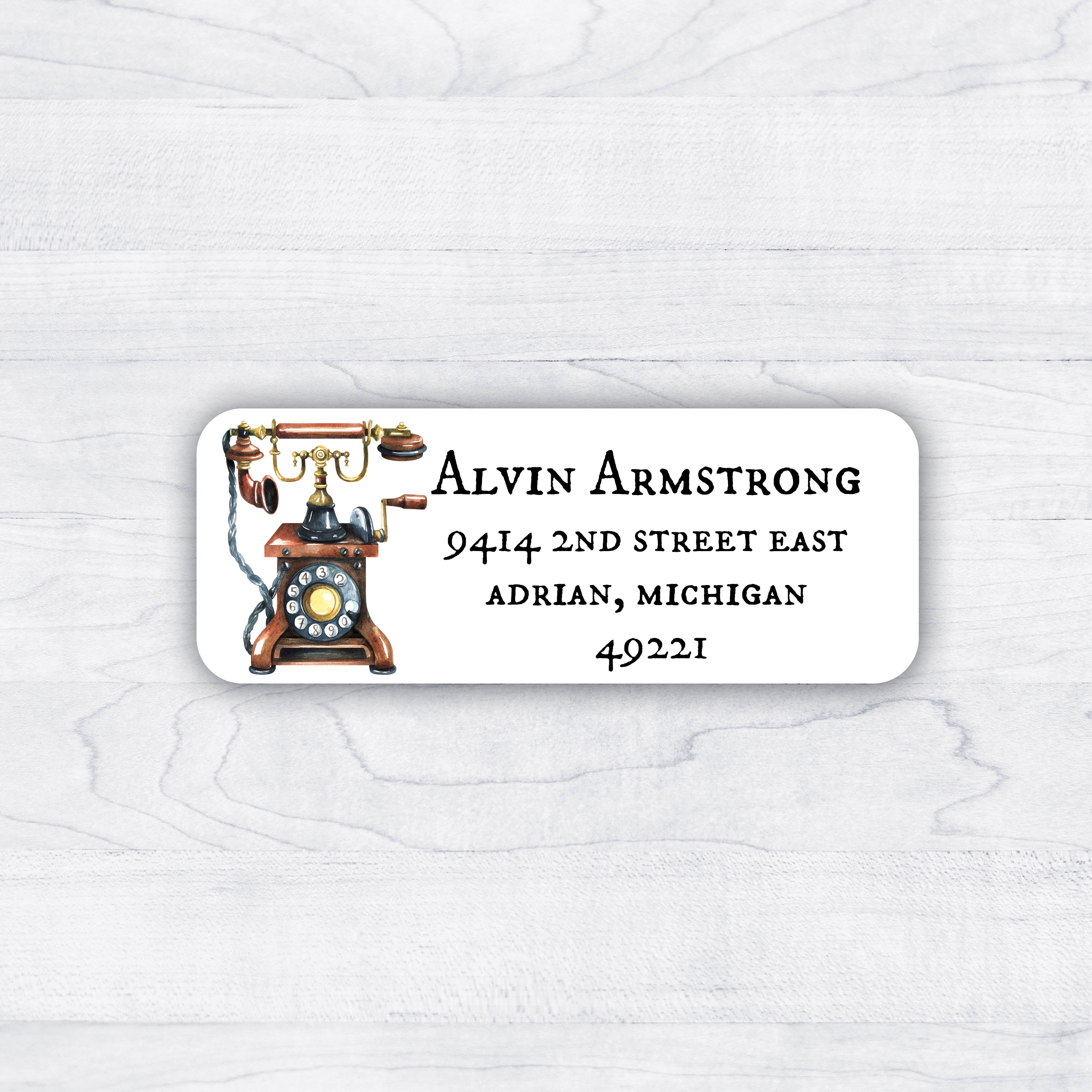 Return address labels with 19th century telephone and vintage typeset