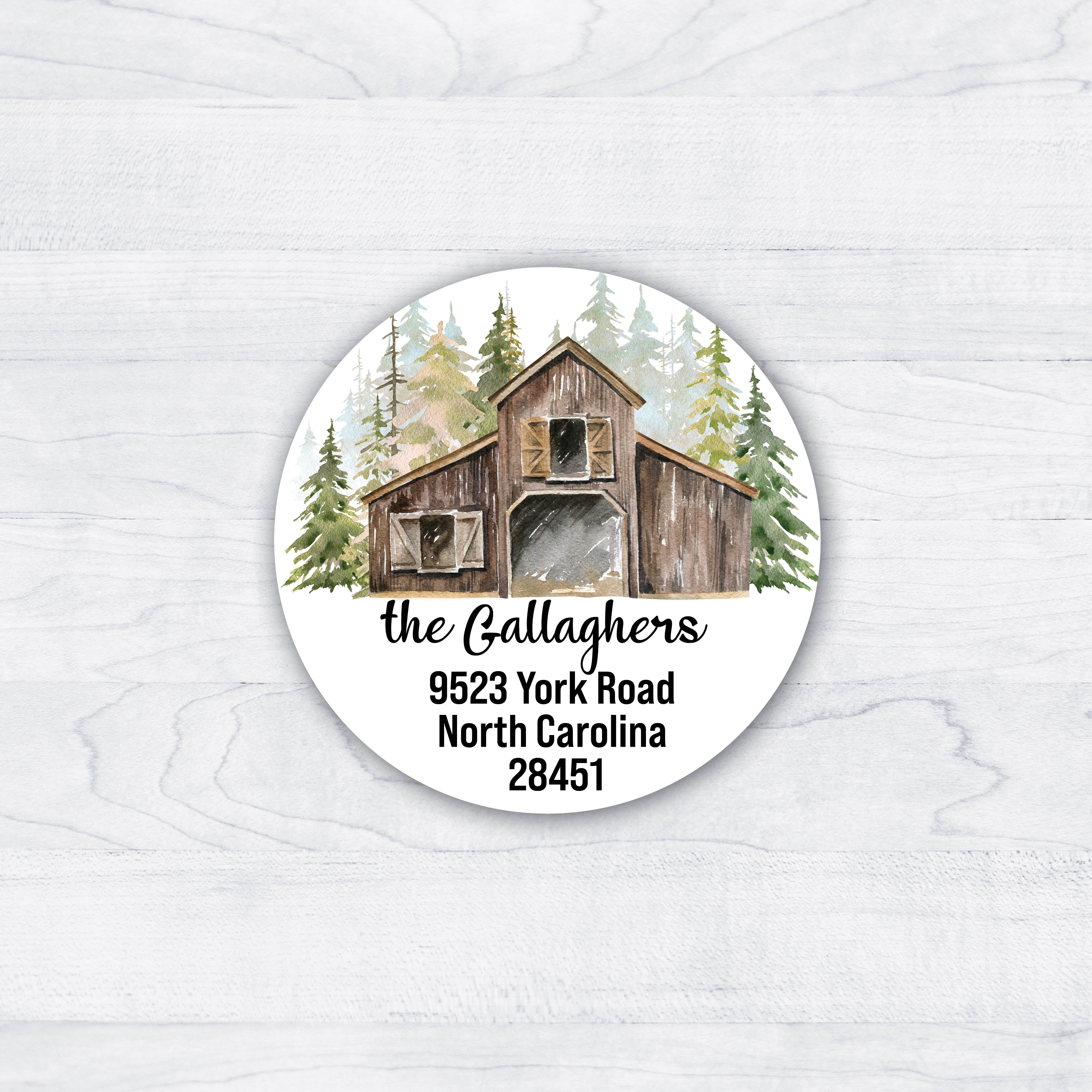 round return address labels with a forest background and an old rustic barn