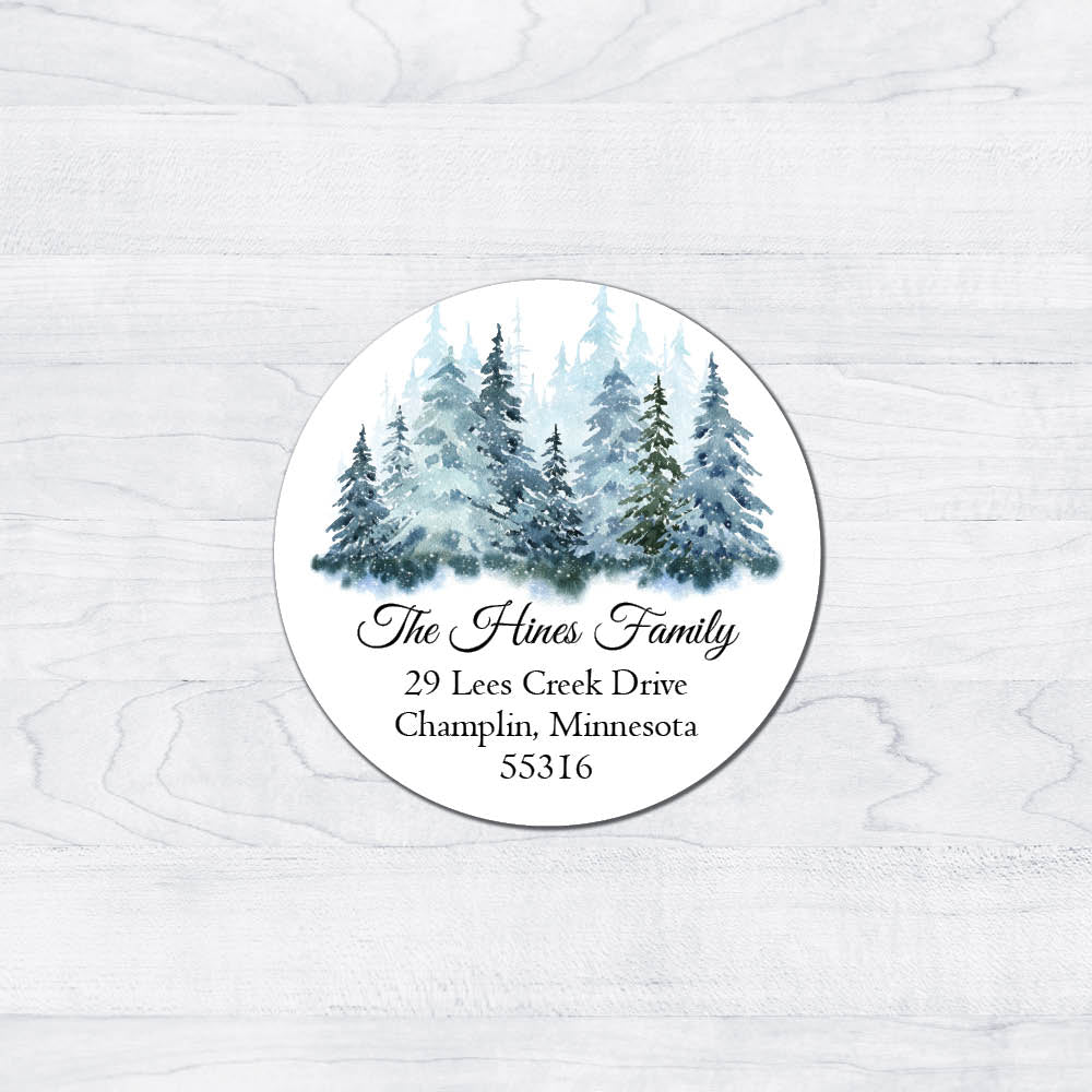 Watercolor Trees Round Christmas Labels