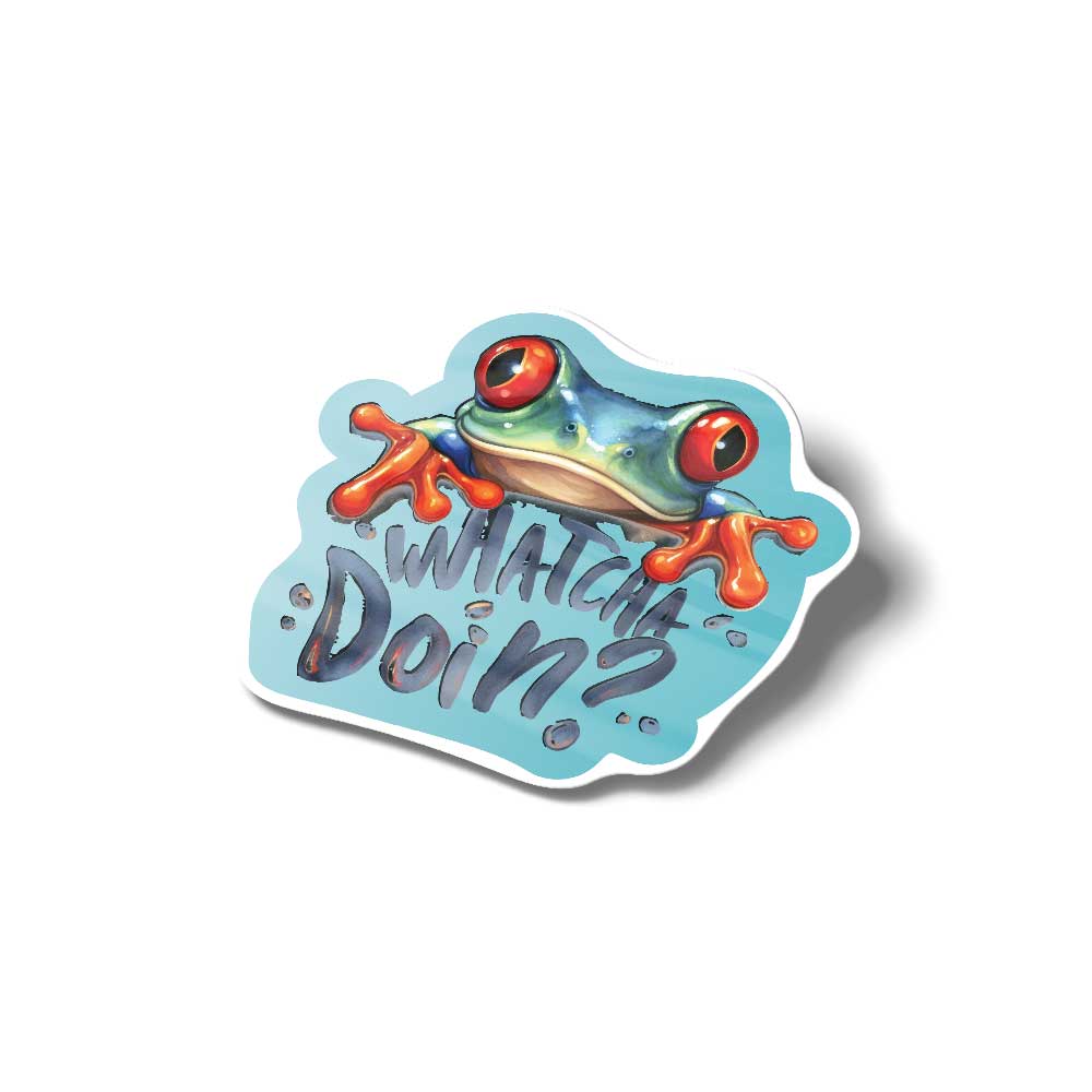 rainforest frog saying whatcha doin? on a water blue background vinyl sticker