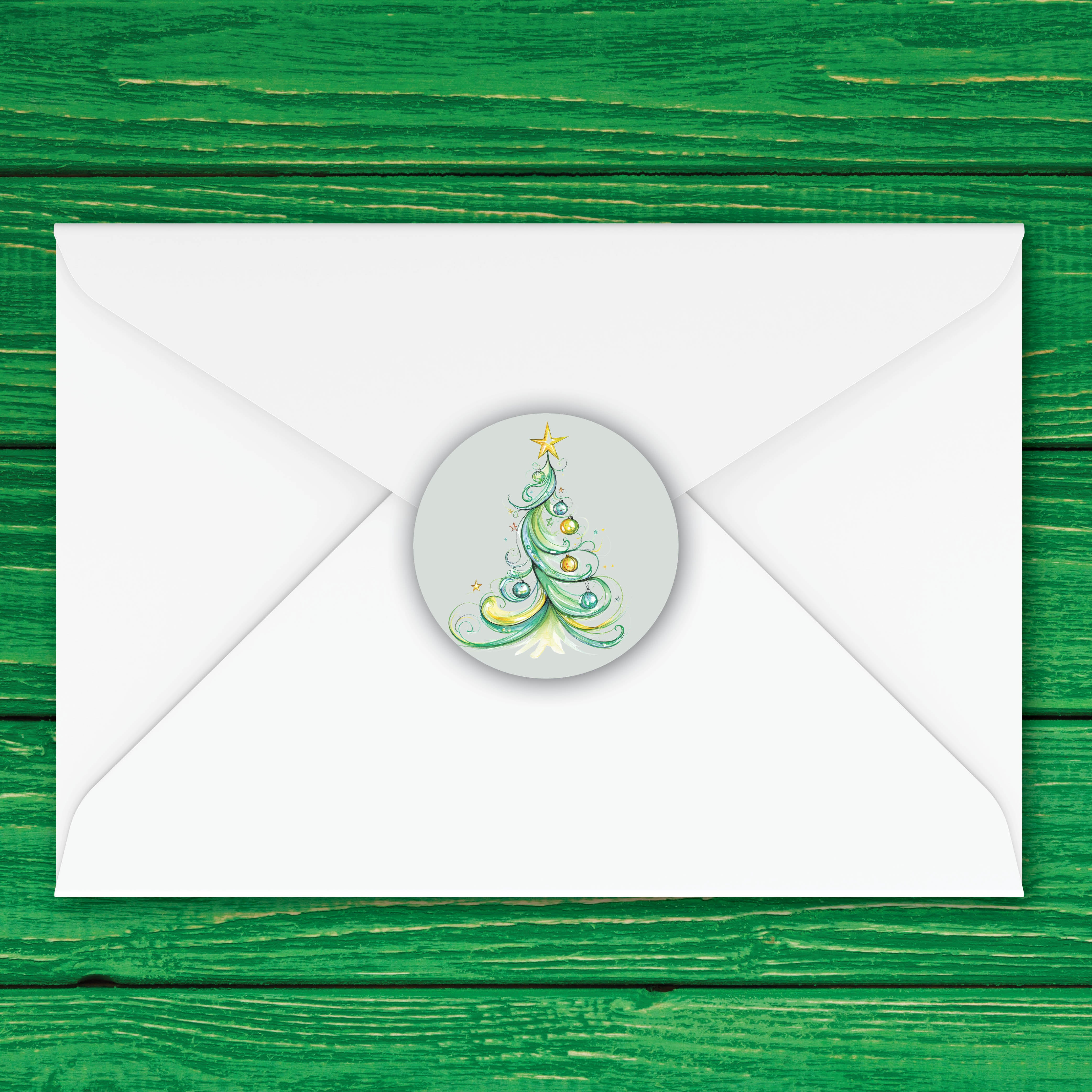 Envelope Seals with a wispy green and gold Christmas tree pictured
